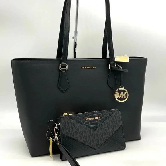 Michael Kors Bag Large Sheila Mf Tote Bag & Large Double Zip Wallet Black/Gold - Picture 3 of 14